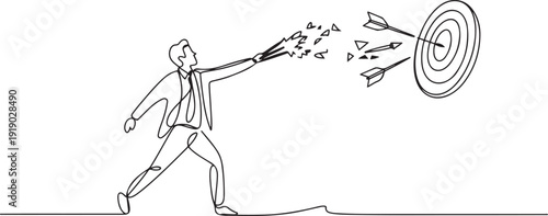 Continuous one line drawing businessman hand throwing away broken arrow target board. Changing the mindset about the life goals. More directed and focused. one line Icon drawing