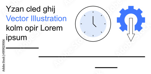 Time tracking, workflow optimization, automation, efficiency, system process, productivity tools. Clock and gear with arrow, placeholder text. Time tracking and workflow optimization concepts