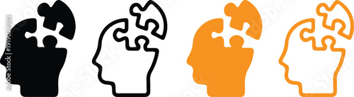 human head puzzle piece idea mind brain black yellow four icon set vector illustration design collection art 