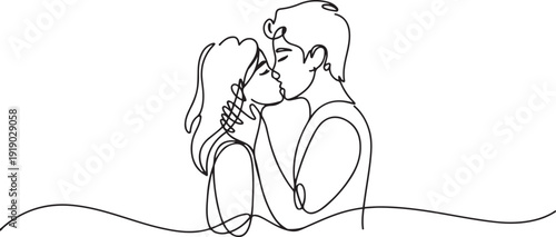 Single continuous line drawing boy and girl in love and kissing. Young couple lovers kissing. Happy man and woman celebrating wedding anniversary. one line Icon drawing