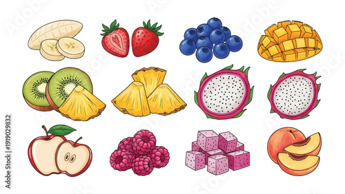 Tropical Fruit medley: A vibrant collection of fresh, colorful, and exotic fruits arranged to entice the senses.