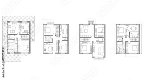 Four different floor plans for a house or building