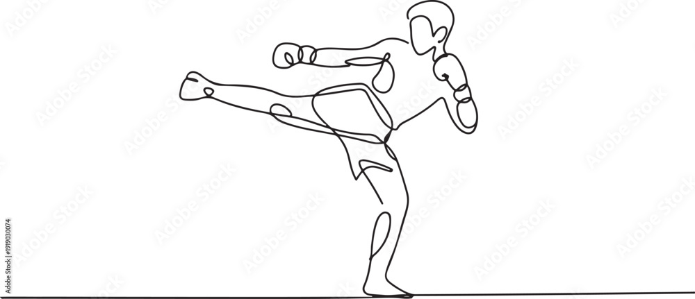 Εκτύπωση καμβά One continuous line drawing of young sporty man kickboxer athlete training powerful kick stance at gym center