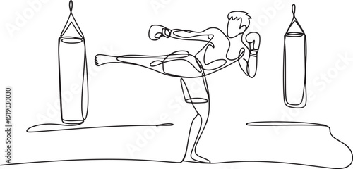 One continuous line drawing of young sporty man kickboxer athlete training powerful kick stance at gym center. Combative kickboxing sport concept. one line Icon drawing