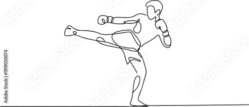 One continuous line drawing of young sporty man kickboxer athlete training powerful kick stance at gym center. Combative kickboxing sport concept. one line Icon drawing