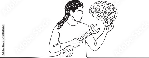 Single line drawing of young handsome Arabian man in red headscarf repairing brain gears with big wrench, ideal for an industry concept. one line Icon drawing