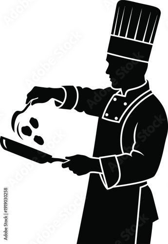 Silhouette Chef holding cooking pan with food isolated graphic illustration