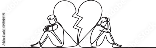 Single continuous line drawing relationship break up, broken heart, couple facing opposite direction. Couple sitting on big broken heart shape. one line Icon drawing