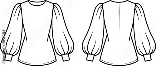 Elegant Puff Sleeve Blouse Fashion Flat CAD Drawing Front Back Womens Apparel Vector Garment Template Outline Design