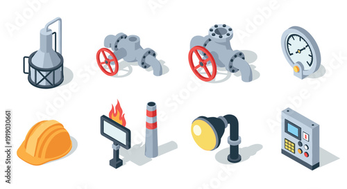 Industrial equipment isometric icons featuring gauges, valves, and safety gear for engineering and manufacturing