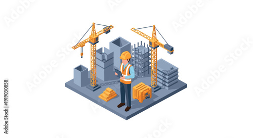 Urban construction scene with worker and crane in isometric style