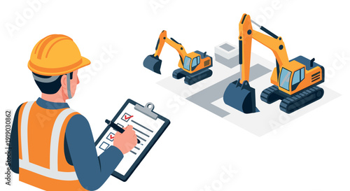 Construction project management with heavy machinery in flat design