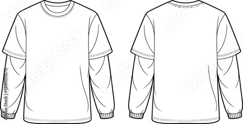 Layered Long Sleeve and Short Sleeve T Shirt Flat CAD Drawing Front Back Fashion Technical Apparel Template Design Vector Outline