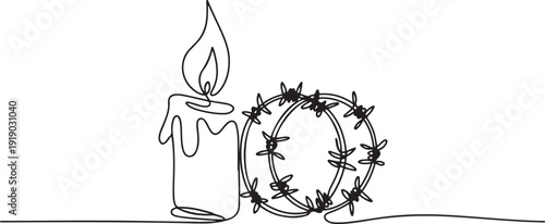 Single continuous line drawing a burning candle behind which is a roll of barbed wire. An organization cares deeply about human rights. Amnesty International Day. one line Icon drawing