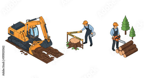 Construction and forestry equipment with worker in isometric style
