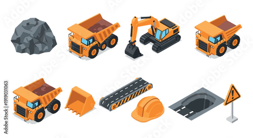 Construction equipment isometric set featuring excavator, dump truck, and hard hat
