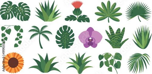 A flat, minimalist illustration of tropical and desert plants arranged in a 4x4 grid layout on a white background