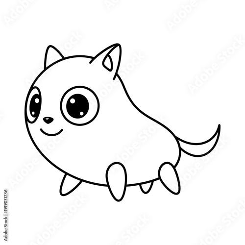 Cute cartoon cat with big eyes and smiley face in simple line drawing style on white background