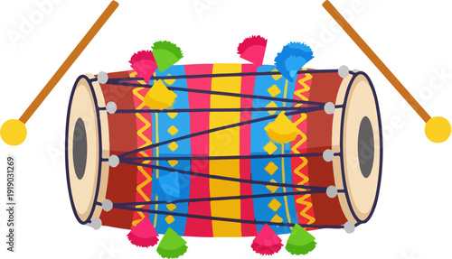 Vibrant indian dhol drum with colorful tassels and sticks for cultural festivals and celebrations