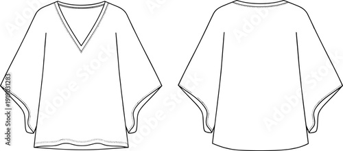 Oversized V Neck Batwing Blouse Fashion Flat CAD Drawing Front Back Womens Apparel Vector Template Outline Design
