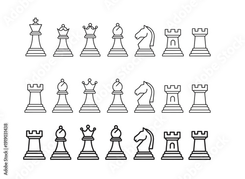 Chess pieces outline vector set king queen rook bishop knight pawn strategy board game line art collection
