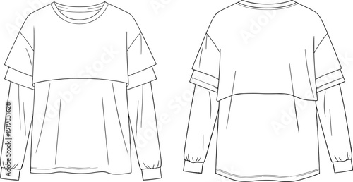 Women layered overlay long sleeve blouse flat CAD fashion template front and back apparel outline illustration design