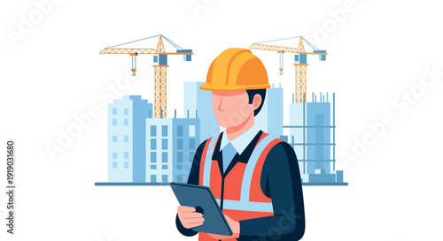 Construction worker in safety gear at a building site with cranes