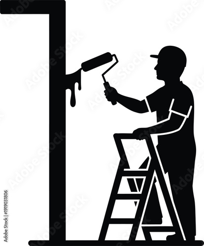 Silhouette Person Painting Wall Using Roller On Step Ladder