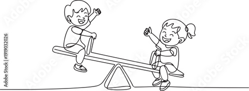 Single continuous line drawing boy and girl of preschool swinging on seesaw. Kids having fun at playground. Cute kids playing seesaw together happily. one line Icon drawing