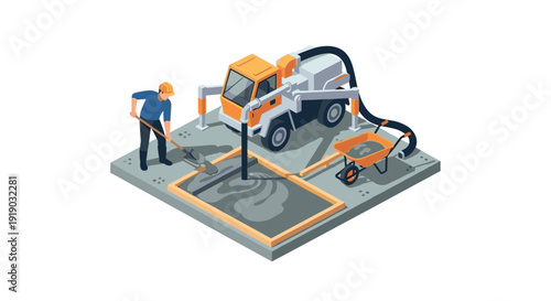 Isometric construction scene with concrete mixer and worker paving foundations