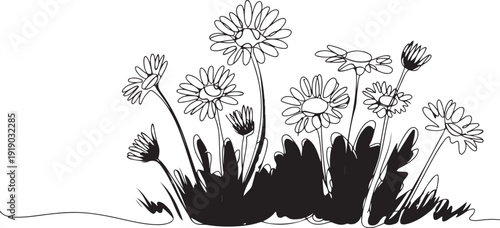 Colorful daisies blooming with green leaf in the garden, created in continuous line drawing style. This nature concept highlights National Upsy Daisy Day. one line Icon drawing