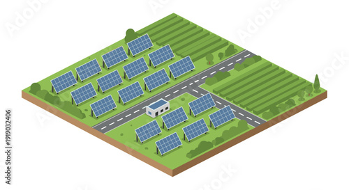 Isometric solar farm with panels on green field and roadway for renewable energy design