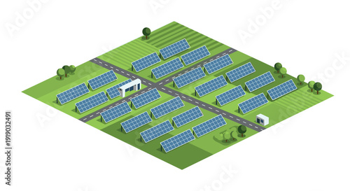 Isometric solar farm with panels on green landscape and roads