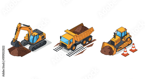 Construction equipment set featuring excavator, dump truck, and bulldozer in isometric style