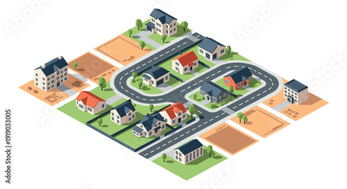 Isometric suburban neighborhood with roads and green spaces