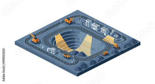 Isometric mining industry landscape with machinery and infrastructure elements