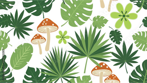 A pattern featuring green tropical leaves and red spotted mushrooms on a white background.