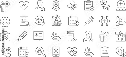 A collection of 30 small black and white icons or symbols