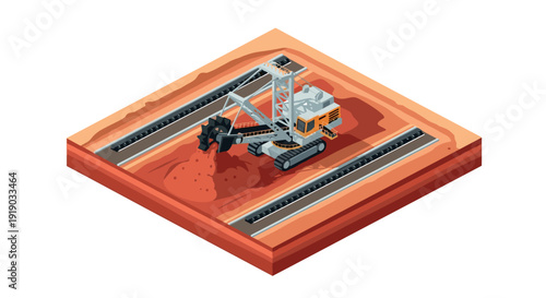 Heavy machinery at work in isometric open pit mining scene