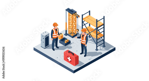 Isometric construction site with workers and equipment in safety gear