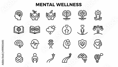 Mental Wellness Icons: Brain, Health, Balance, Growth, Mindfulness