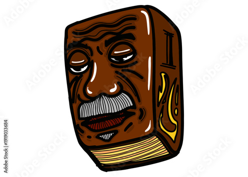 An old magic book with a cover shaped like a living old man's face.