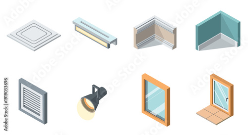 Isometric home interior elements: lighting, molding, windows, and architecture details