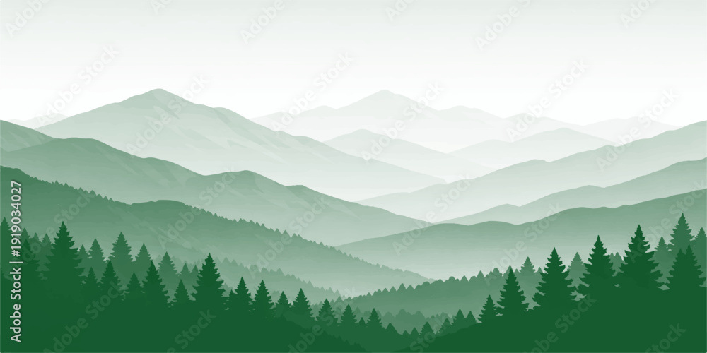Fototapeta premium A panoramic morning view of the snowy Alps mountain landscape featuring a misty forest valley under a cloudy blue sky at sunrise