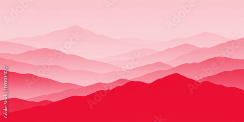 A breathtaking mountain landscape at dawn featuring misty peaks and a forest valley under a blue sky as the sunrise breaks through morning clouds and fog over the alpine range