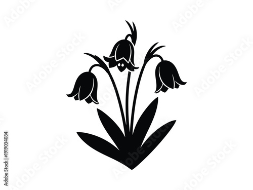 Stylized black illustration of bellflowers in silhouette with green leaves, perfect for nature and floral designs.