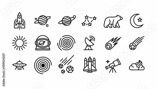 Space Icons: Rocket, Planets, Stars, Astronaut, UFO, Telescope