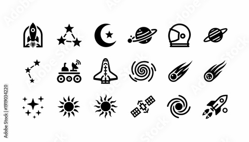 Space Icons Set: Rockets, Planets, Stars, Astronaut Helmet, Moon, Satellite