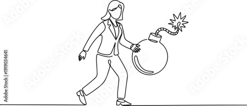 Single one line drawing young businesswoman carrying bomb with a burning fuse. The concept of keeping danger away from the business environment to survive. one line Icon drawing