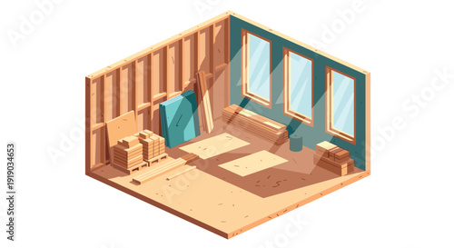 Under construction room interior with wooden panels and window light